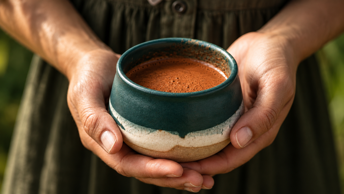 Hands holding a cup of TruSelf ceremonial cacao