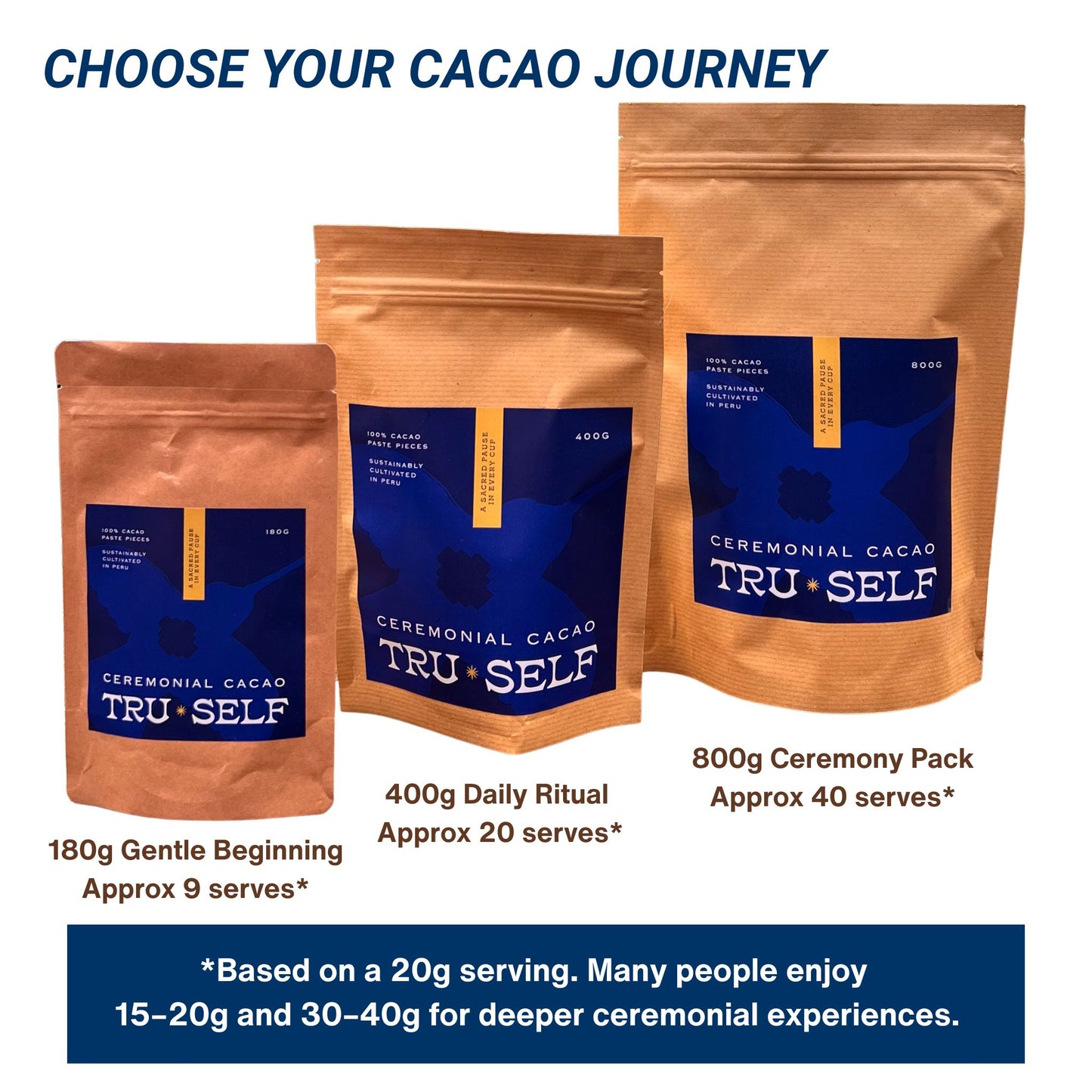 TruSelf Ceremonial Cacao Size Guide 180g 400g 800g