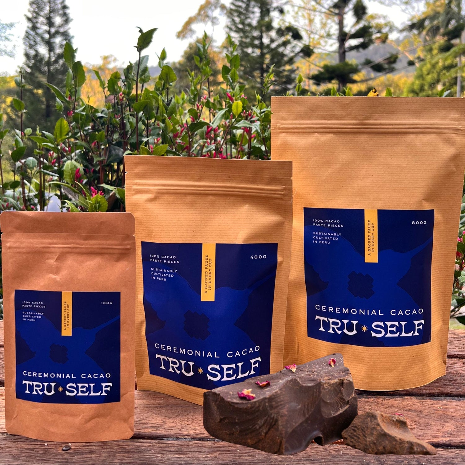 TruSelf Ceremonial Cacao 3 size packs with cacao chunk